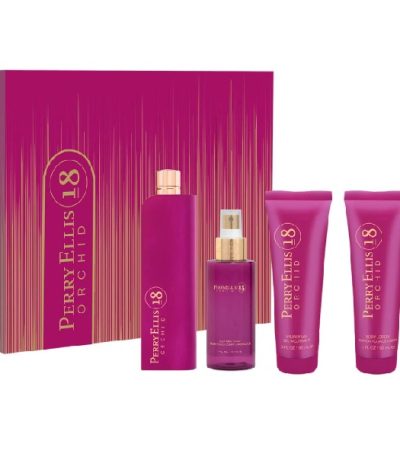 ESTUCHE PERRY ELLIS 18 ORQUID MUJER 4PZS 100ML EDT + SPLASH + CREMA + GEL DE BA;O